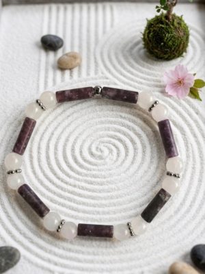 Bracelet Quartz rose 6mm et Lépidolite